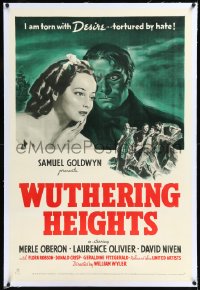 6h1046 WUTHERING HEIGHTS linen 1sh 1939 Laurence Olivier is torn with desire & hate for Merle Oberon!