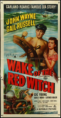 6j0251 WAKE OF THE RED WITCH 3sh R1952 art of barechested John Wayne & Gail Russell at sea!