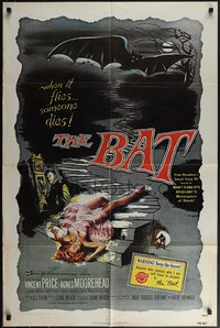 6j0081 BAT signed 1sh R1980s by Vincent Price, great horror art, when it flies, someone dies!
