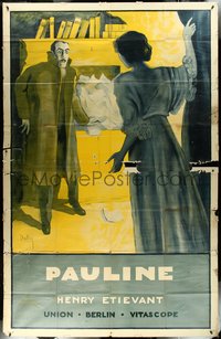 6j0236 PAULINE German 55x86 poster 1914 Dely art of Gertrude Arnold w/ snooping man, ultra rare!