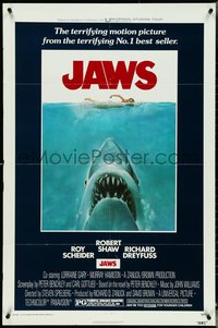 6j0963 JAWS 1sh 1975 art of Spielberg's classic man-eating shark attacking naked swimmer!
