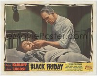 6j0456 BLACK FRIDAY LC #2 R1947 mad scientist Boris Karloff examines unconscious man in hospital bed!