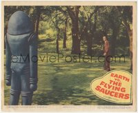 6j0498 EARTH VS. THE FLYING SAUCERS LC 1956 huge alien robot stares down man standing in park!