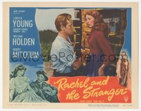 6j0574 RACHEL & THE STRANGER LC #8 1948 c/u of William Holden holding gun by worried Loretta Young!