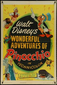 6j1064 PINOCCHIO 1sh R1945 Disney classic cartoon about a wooden boy who wants to be real, rare!