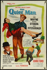 6j1080 QUIET MAN 1sh R1957 great art of John Wayne carrying Maureen O'Hara, John Ford classic!