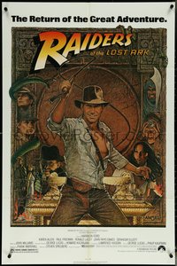 6j1084 RAIDERS OF THE LOST ARK 1sh R1980s great Richard Amsel art of adventurer Harrison Ford!