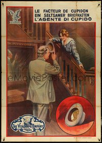 6j0219 FATHER'S HATBAND 39x55 special poster 1913 man greeting pretty woman on stairs, ultra rare!