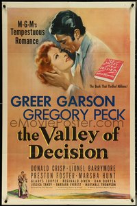 6j1207 VALLEY OF DECISION 1sh 1945 art of pretty Greer Garson romanced by Gregory Peck!