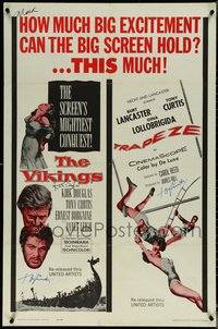 6j0086 VIKINGS/TRAPEZE signed 1sh 1962 by BOTH Kirk Douglas AND Tony Curtis, who signed TWICE!