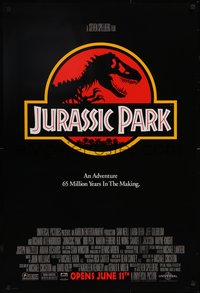 6k0756 JURASSIC PARK advance DS 1sh 1993 Steven Spielberg, logo with T-Rex over red background!