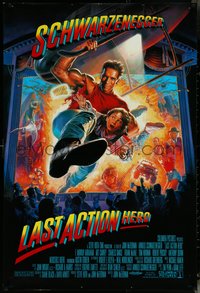 6k0767 LAST ACTION HERO 1sh 1993 cool Morgan art of Arnold Schwarzenegger crashing through screen!