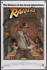 6k0864 RAIDERS OF THE LOST ARK paperbacked 1sh R1980s great Richard Amsel art of adventurer Harrison Ford!