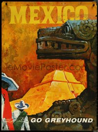 6k0020 GREYHOUND MEXICO 28x38 travel poster 1960s art of Aztec pyramid & sculpture, rare!