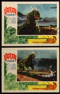 6p0832 VARAN THE UNBELIEVABLE 8 LCs 1962 wacky dinosaur with hands destroying civilization!