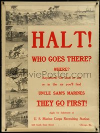 6r0058 HALT! WHO GOES THERE 30x40 WWI war poster 1910s Uncle Sam's Marines Go First, ultra-rare!