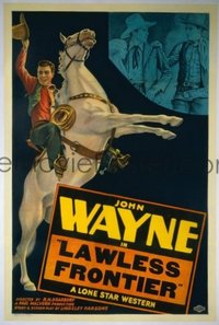 JW 083 JOHN WAYNE linen stock 1sh '39 image of The Duke on rearing horse, Lawless Frontier
