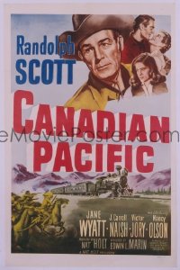 CANADIAN PACIFIC linen 1sh R54 cowboy Randolph Scott, Jane Wyatt, cool art of Indian attack!