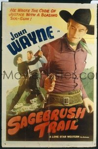 JW 056 SAGEBRUSH TRAIL one-sheet movie poster R40s John Wayne pointing gun!