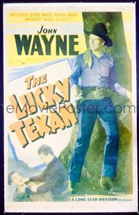 JW 064 JOHN WAYNE linen stock 1sh 1940s full-length image of The Duke with gun, The Lucky Texan!