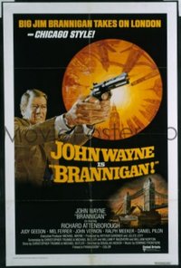 JW 332 BRANNIGAN int'l style one-sheet movie poster '75 John Wayne points gun!