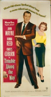 1010 TROUBLE ALONG THE WAY linenbacked three-sheet movie poster '53 BIG John Wayne!