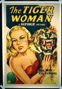186 TIGER WOMAN 1sh '45 wild artwork of Adele Mara and tiger head rug!
