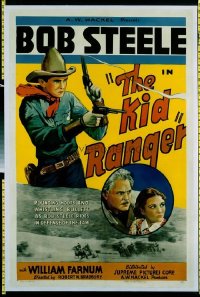 t019 KID RANGER linen one-sheet movie poster R46 Bob Steele shooting guns!
