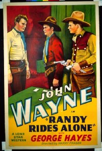 JW 073 RANDY RIDES ALONE linen one-sheet movie poster R39 John Wayne held up!
