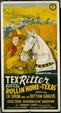 t461 ROLLIN' HOME TO TEXAS linen three-sheet movie poster '40 Tex Ritter