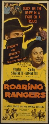 t419 ROARING RANGERS insert movie poster '45 Charles Starrett, Smiley