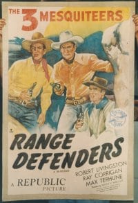 THREE MESQUITEERS linen 1sh '47 Bob Livingston, Ray Corrigan & Max Terhune, Range Defenders!