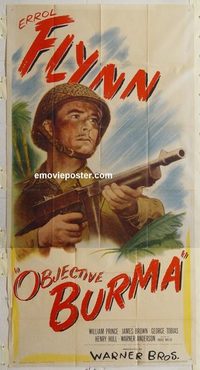 3252 OBJECTIVE BURMA three-sheet movie poster '45 Errol Flynn, World War II