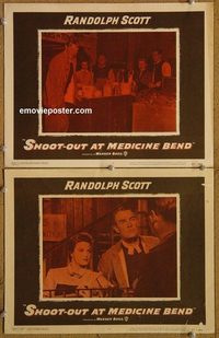 4488 SHOOT-OUT AT MEDICINE BEND 2 lobby cards '57 Raldolph Scott
