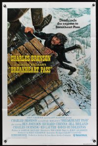 0892FF BREAKHEART PASS style B 1sh '76 art of Charles Bronson hanging from train, Alistair Maclean