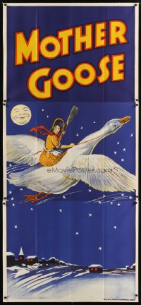 1508TF MOTHER GOOSE stage play English 3sh '30s stone litho art of mom holding broom & riding goose!