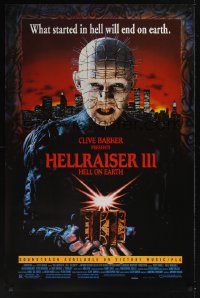 0479UF HELLRAISER III: HELL ON EARTH soundtrack 1sh '92 Clive Barker, c/u of Pinhead holding cube!