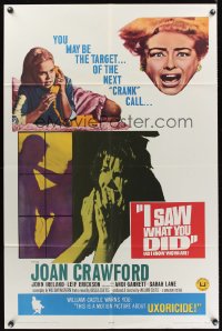 0963FF I SAW WHAT YOU DID 1sh '65 Joan Crawford, William Castle, you may be the next target!