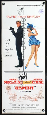 642FF GAMBIT insert movie poster '67 art of Shirley MacLaine & Michael Caine preparing for crime!