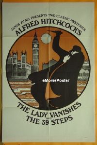 #446 LADY VANISHES/ 39 STEPS 1sh '60s Alfred Hitchcock double-bill, cool mystery art!