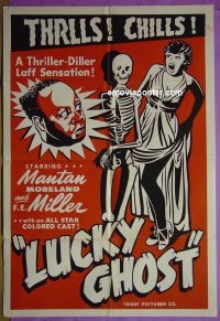 #3789 LUCKY GHOST 1sh R48 Toddy, wacky art of Mantan Moreland with skeleton & screaming girl!