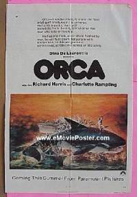 f639 ORCA advance one-sheet movie poster '77 Richard Harris, killer whale!