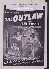 #3980 OUTLAW 1sh R50s Jane Russell, Hughes