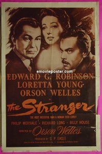 #5454 STRANGER 1sh R53 cool close up artwork of Orson Welles, Edward G. Robinson & Loretta Young!