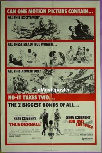 #604 THUNDERBALL/YOU ONLY LIVE TWICE 1sh '71 Sean Connery's two biggest James Bonds of all!