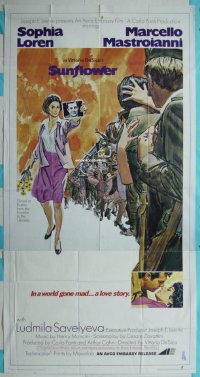C384 SUNFLOWER three-sheet movie poster '70 Vittorio De Sica, Sophia Loren