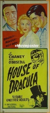 #496 UNIVERSAL stock Aust daybill 1950s Lon Chaney, John Carradine, Lionel Atwill, House of Dracula
