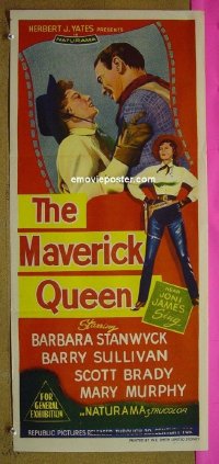 p477 MAVERICK QUEEN Australian daybill movie poster '56 Stanwyck, Sullivan