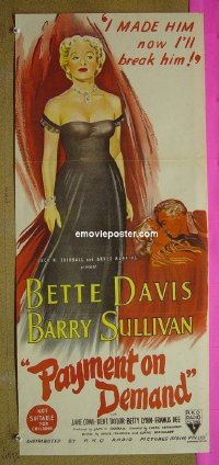 p572 PAYMENT ON DEMAND Australian daybill movie poster '51 Bette Davis