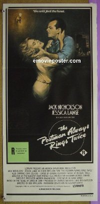 k728 POSTMAN ALWAYS RINGS TWICE Australian daybill movie poster '81 Lange